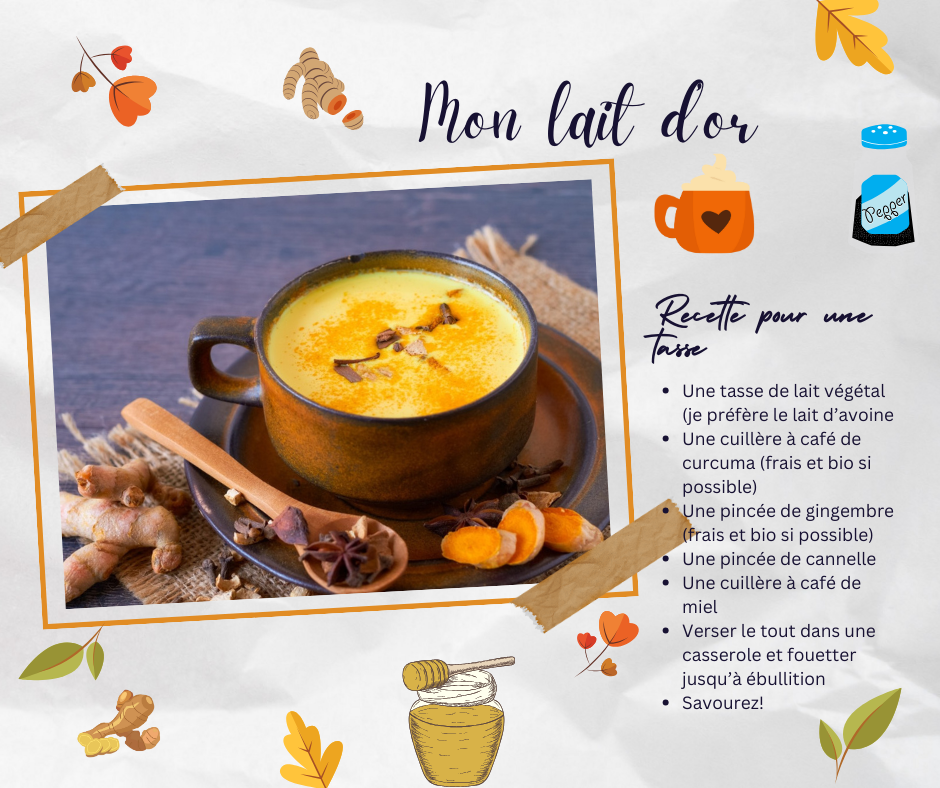 Recette lait d'or. Curcuma. Poivre noir. Gingembre